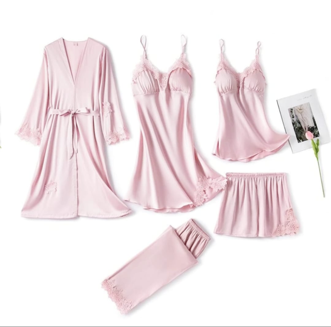 5-Piece Turkish Bridal Nighty Set – Luxurious Silk Sleepwear for Brides