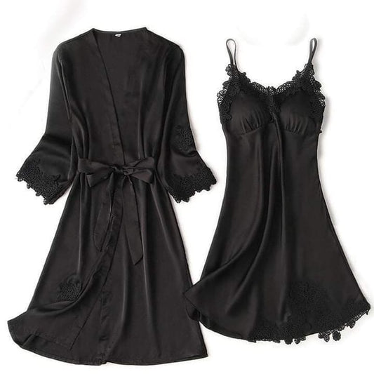 Silk Robe 2pc lace Nighty for girls & women - Black