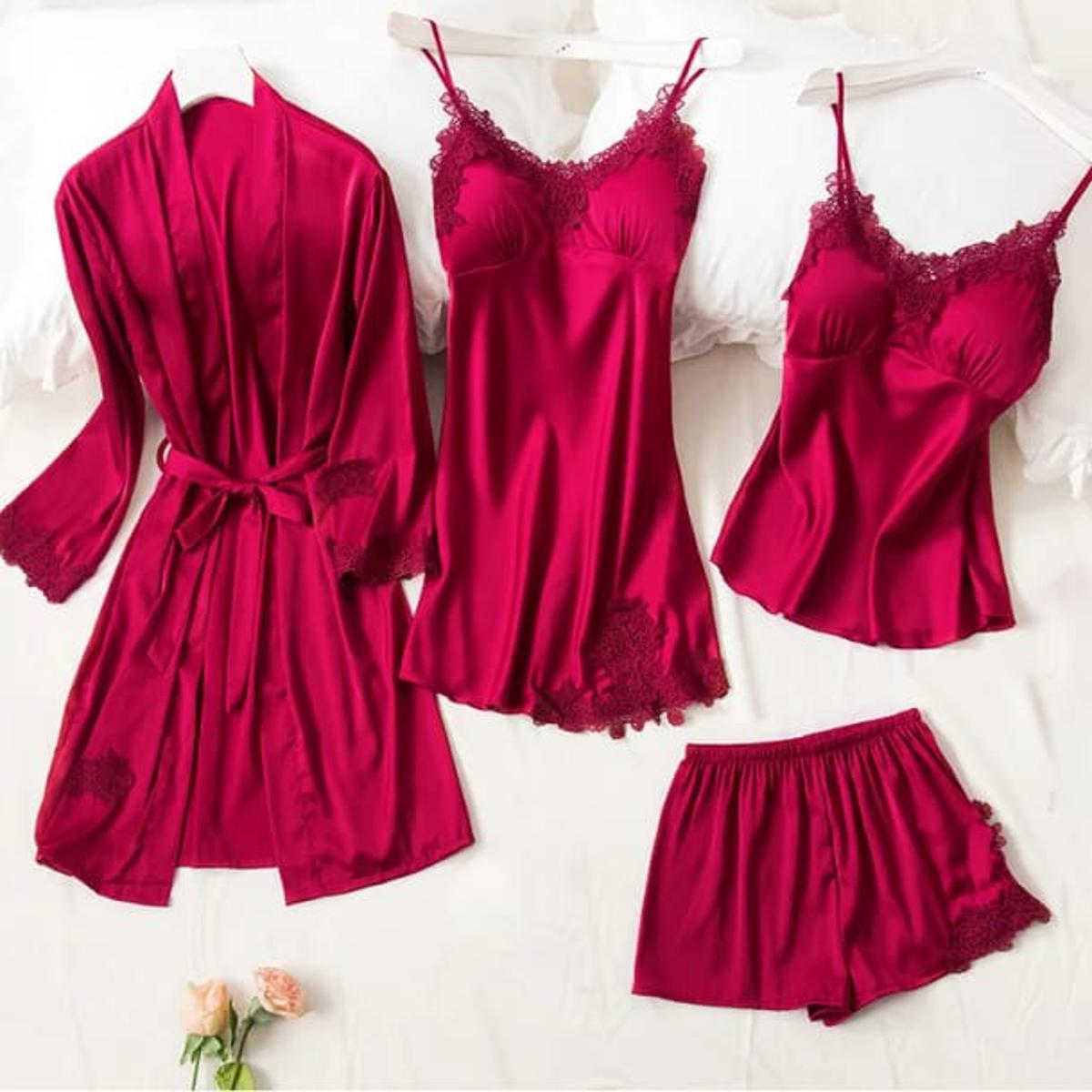 Honeymoon Nighty 4 pcs Bridal Nightwear for Girls & women - Red