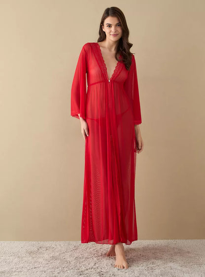 Textured Night Dress with V-neck and Long Sleeves- 2 piece Imported long Gown with Panty - Red