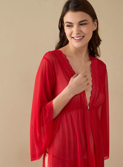 Textured Night Dress with V-neck and Long Sleeves- 2 piece Imported long Gown with Panty - Red