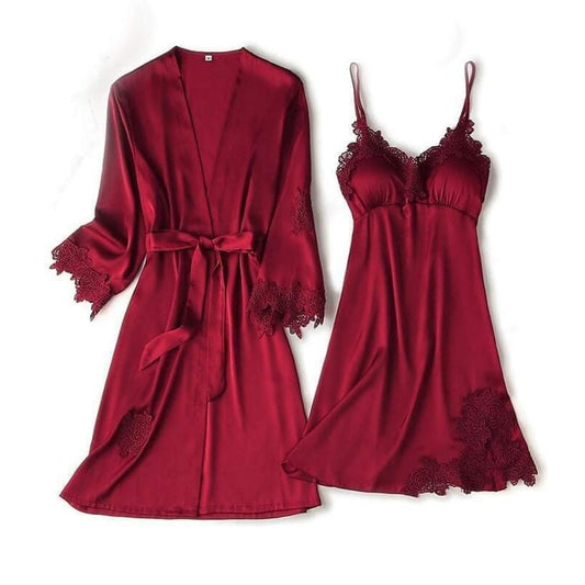 Silk Robe 2pc lace Nighty for girls & women - Red