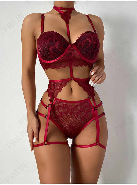 Red Sexy Lingerie Set With Underwire Bra, Hanging Neck Design, And Garter Belt