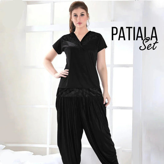 Silk Nighty Patiyala 2-Pieces Short Length Silk Nightwear - Black