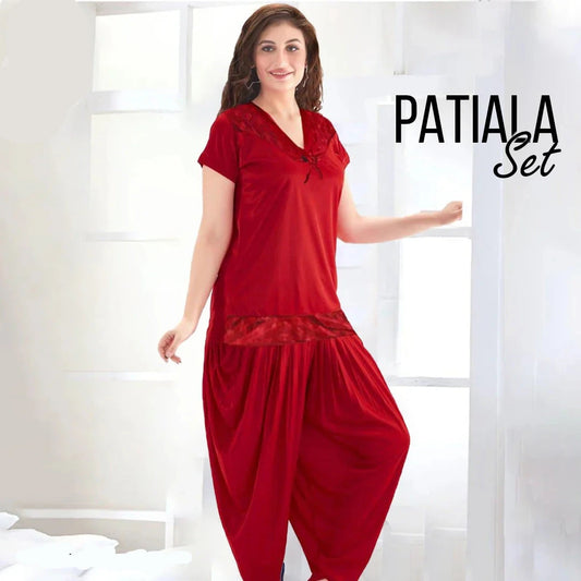 Silk Nighty Patiyala 2-Pieces Short Length Silk Nightwear - Maroon