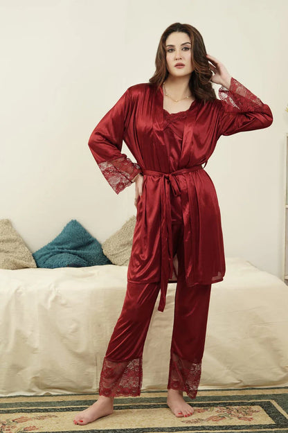 5-Piece Bridal Silk Long Slit Nighty Set - Red