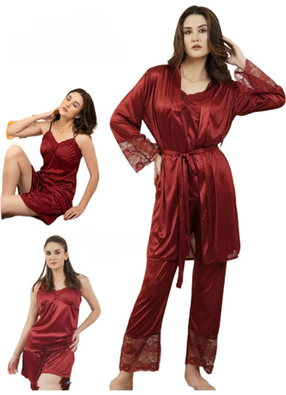 5-Piece Bridal Silk Long Slit Nighty Set - Red