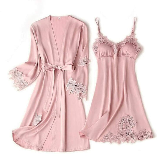 Silk Robe 2pc lace Nighty for girls & women - Pink