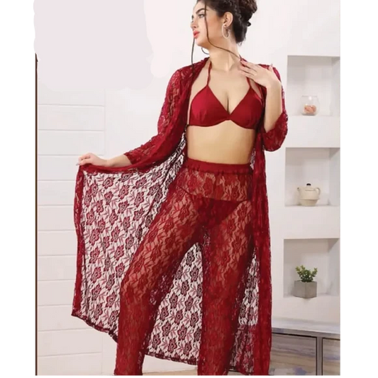 4-Pieces Net Nightwear For Girls & Women - Mehroon